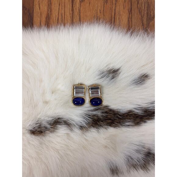 B48 Carolee Clip On Earrings Vintage Gold Tone Faux Lapis Cabochon Statement - Picture 4 of 7